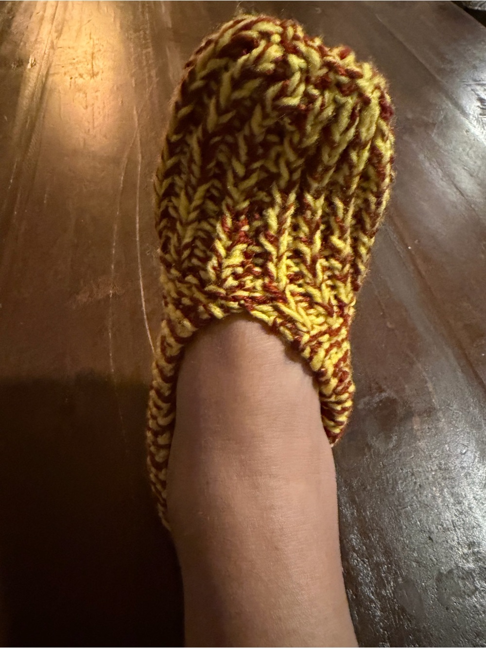 Hand-Knit Slipper Sock in Yellow & Maroon